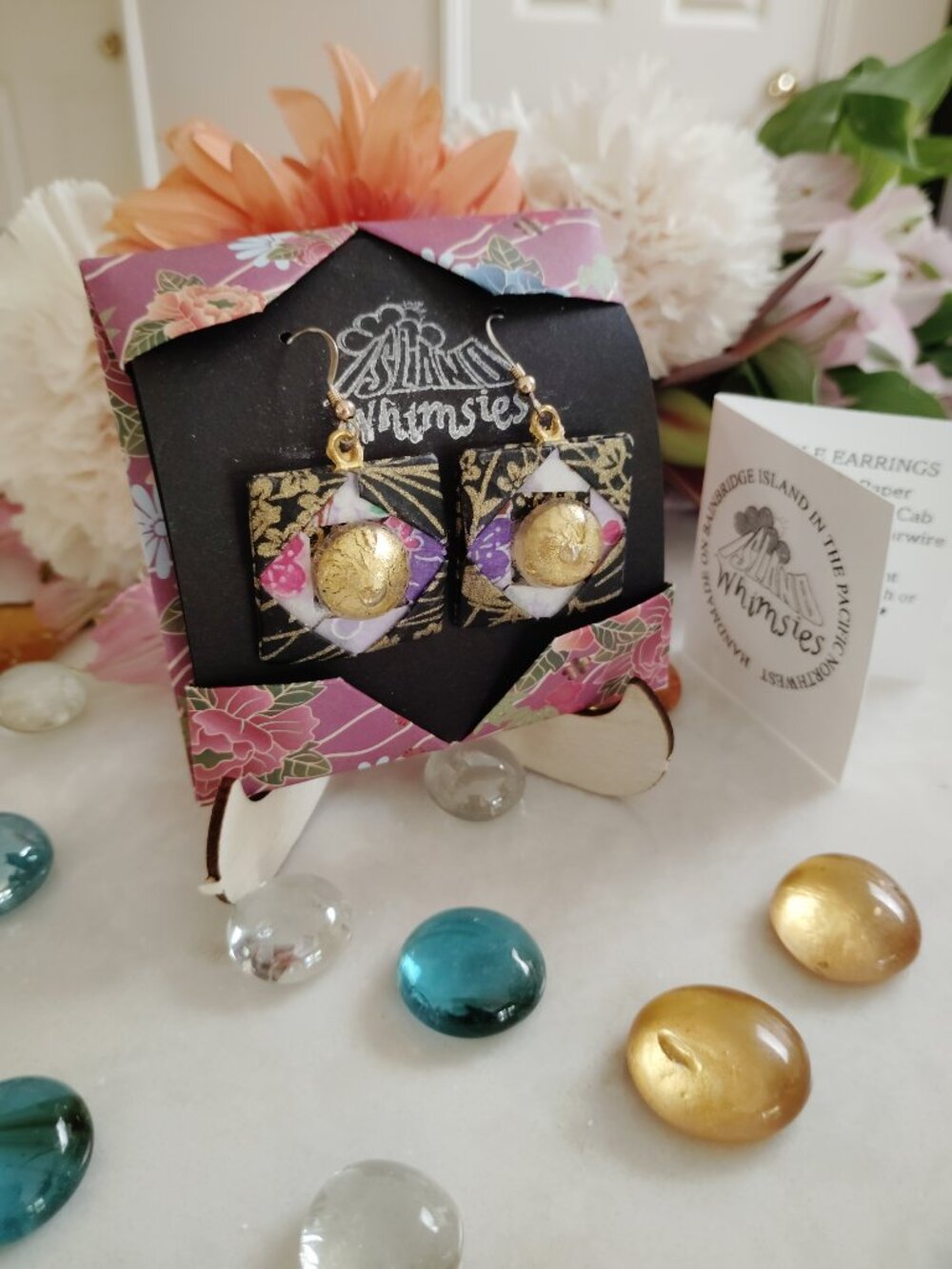 Handmade Purple & Gold Floral Square Drop Origami Paper Earrings